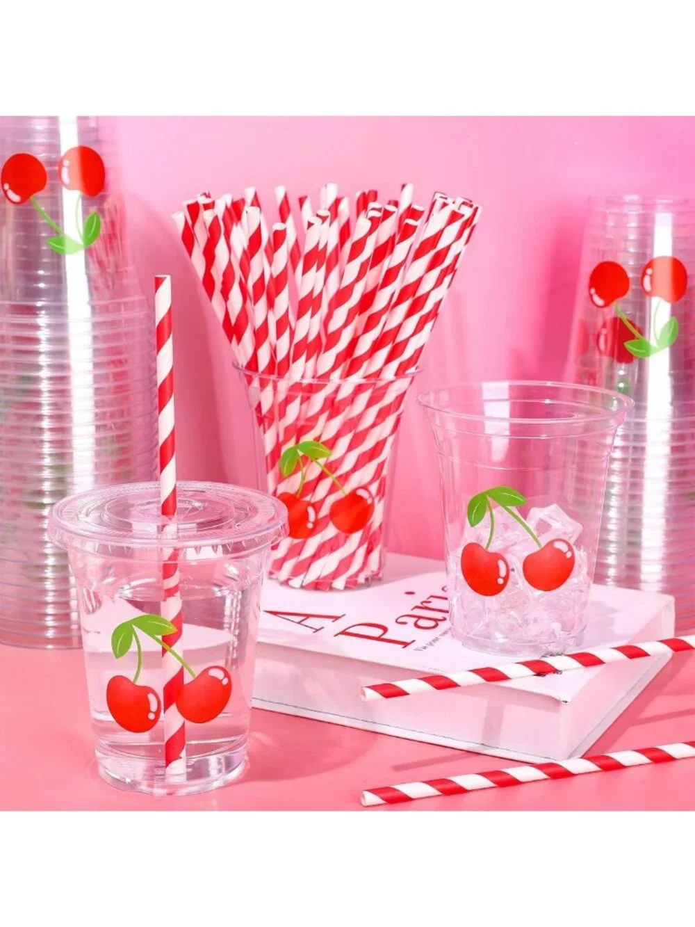 50 Pcs Cherry Disposable Cups with Lids & Straws - Cute Summer Party Supplies
